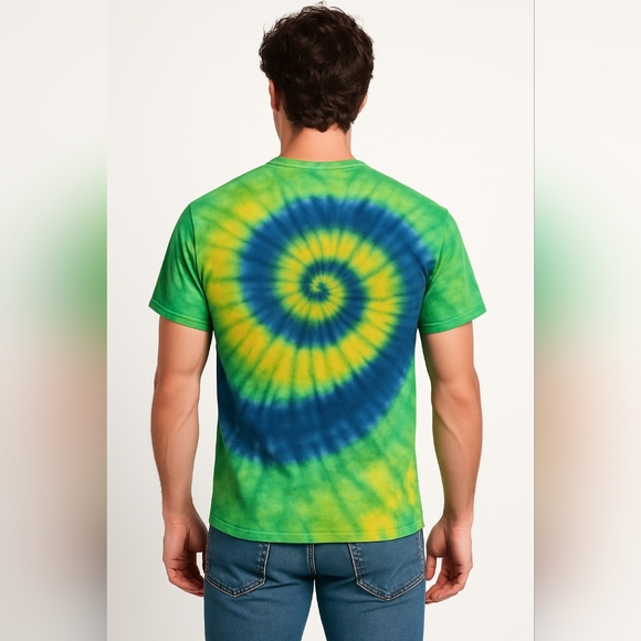 Tie Dye Mens Medium T-Shirt Spiral Kelly Green, Daffodil and Houdini Blue - Picture 5 of 5